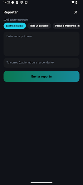 Formulario de TruxDi en Android para reportar información de una ruta