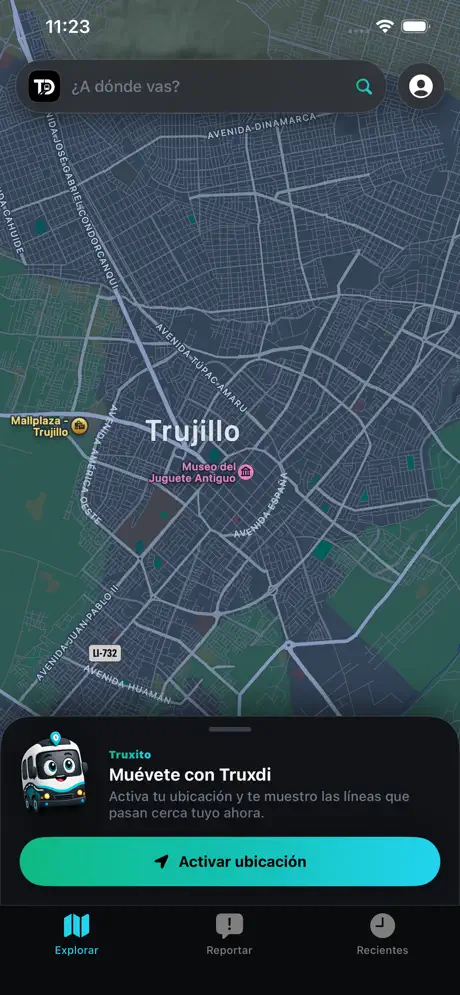 TruxDi en iPhone mostrando el mapa de transporte público de Trujillo