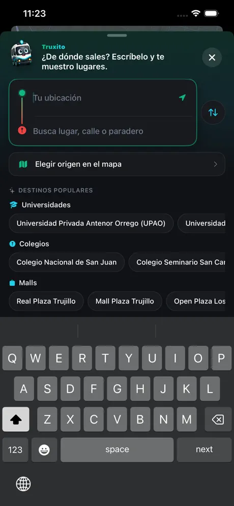 TruxDi en iPhone con el buscador de origen y destino